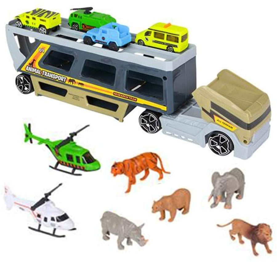 Car Transporter with Animals, Safari Playset for Kids with 1 Transporting Truck, 6 Toy Vehicles and 6 Animal Figurines, Pretend Play Toys for Children, Great Birthday Gift