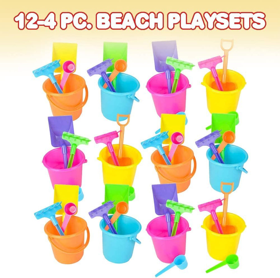 4 PC Mini Beach Playsets - Set of 12 - Each Play Set Includes 1 Sand Bucket, 1 Shovel, 1 Rake, and 1 Scoop - Birthday Treats for Boys and Girls Party Favors for Kids and Toddlers