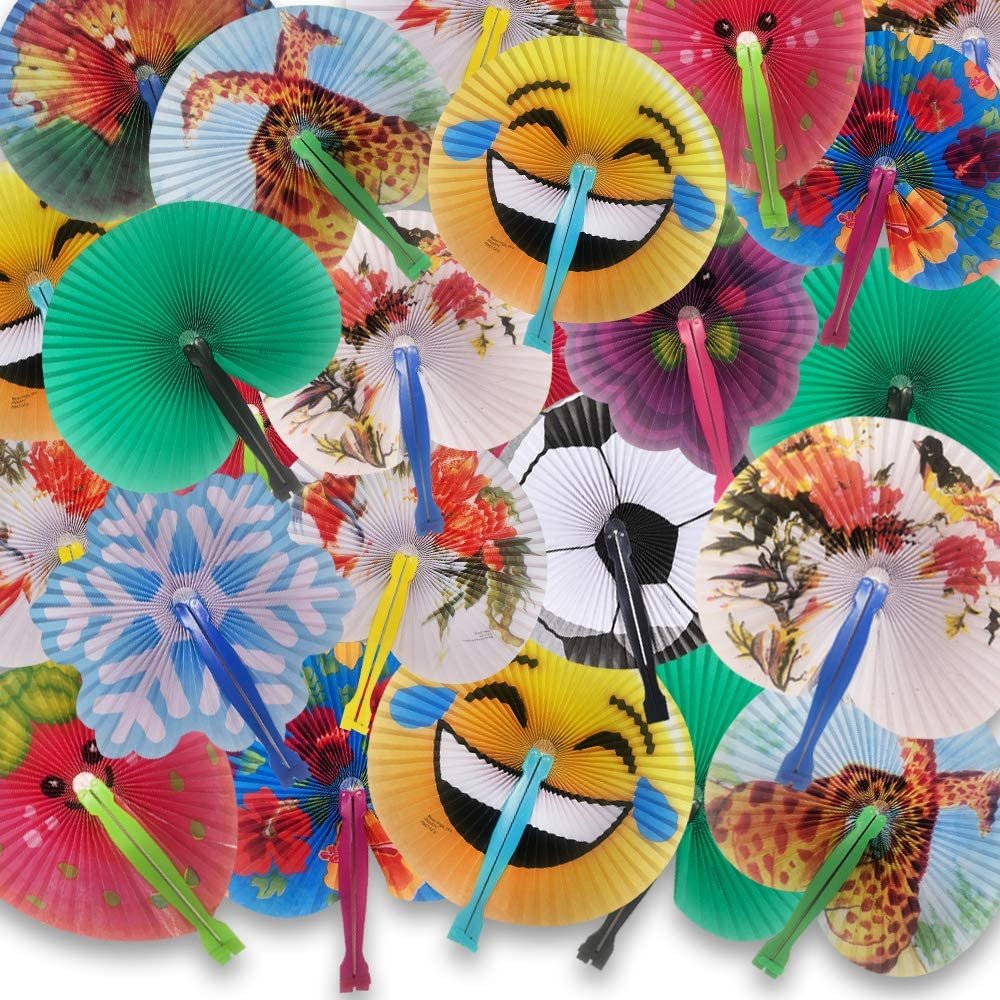 ArtCreativity 10 Handheld Folding Fans Assortment for Kids, Set of 48 Foldable Paper Fans in Assorted Colors and Designs, Cool Goodie Bag Fillers, Birthday Party