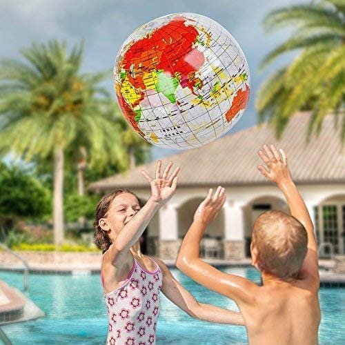 Inflatable World Globe Ball Set by - Set of 6 Print Blue and Clear - Colorful Earth Map, 16" Inflatable Beachball for Pool, Summer Fun Toys for Kids, Learning and More