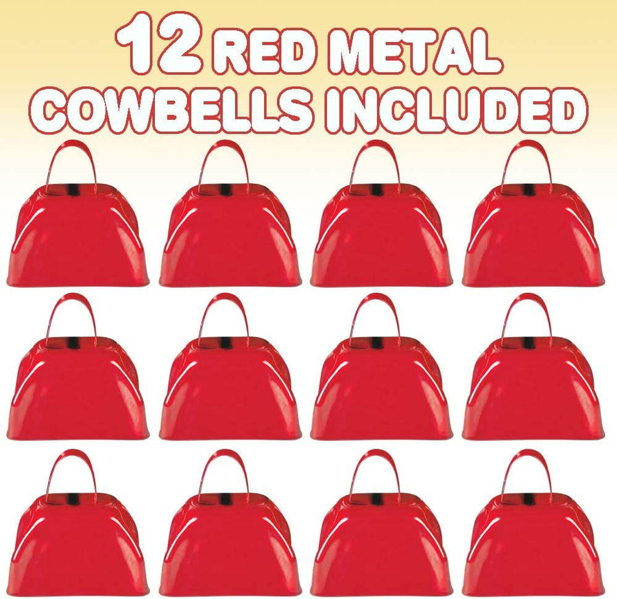 3" Red Metal Cowbell Noisemakers - Pack of 12 - Loud Metal Cowbell Noise Makers with Handles, Great for Football Games, Sporting Events, New Year’s Eve, for Kids and Adults