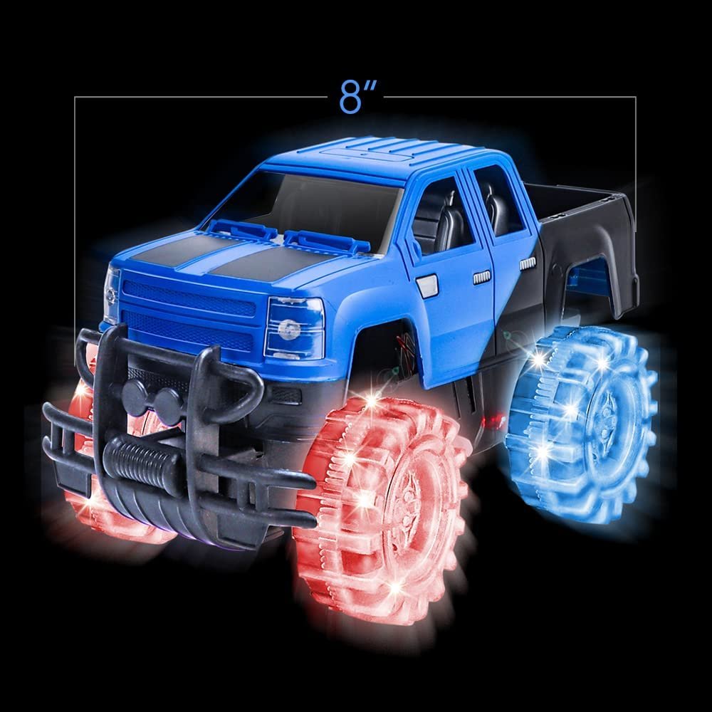 Light Up Blue & Black Monster Truck, 1 Piece, 8" Toy Monster Truck with Flashing LED Tires & Batteries, Push n Go Car Toys for Kids, Fun Gift for Boys & Girls Ages 3 & Up