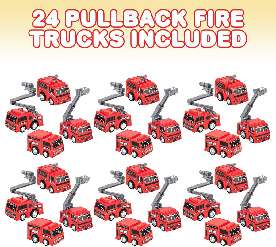 Mini Pullback Fire Engine Toy Trucks, Bulk Pack of 24, Firefighter Birthday Party Supplies and Favors, Firetruck and Fireman Favors and Goodie Treat Bag Fillers for Kids Ages 3+