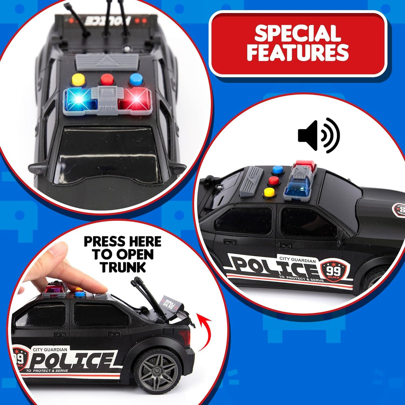 Police Car Toys for Boys 3,4,5 with Lights & Siren Sounds, Friction Powered Police Car for Kids with Flashing Lights, 3 Different Sounds, & Openable Trunk, Police Pretend Play Toys, Police Car Toy