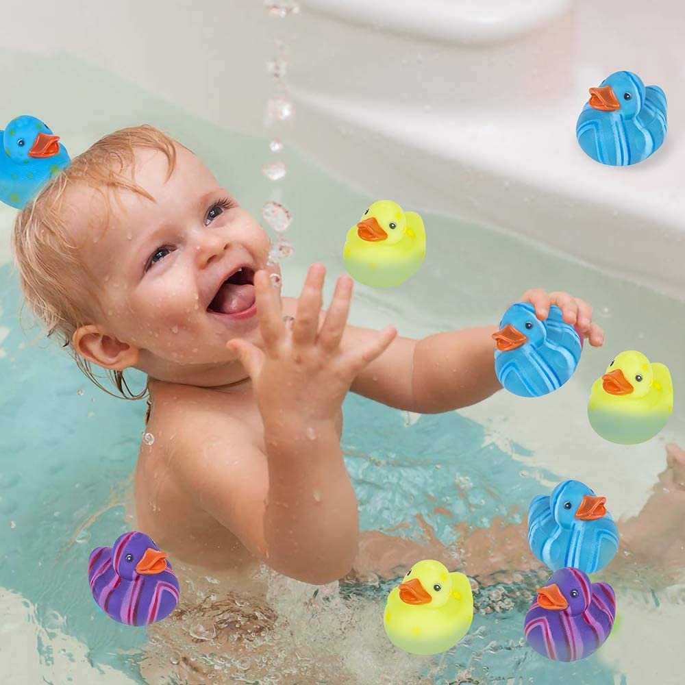 Multicolored Pattern Rubber Duckies for Kids, Pack of 12 Cute Duck Bath Tub Pool Toys, Fun Carnival Supplies, Birthday Party Favors for Boys and Girls