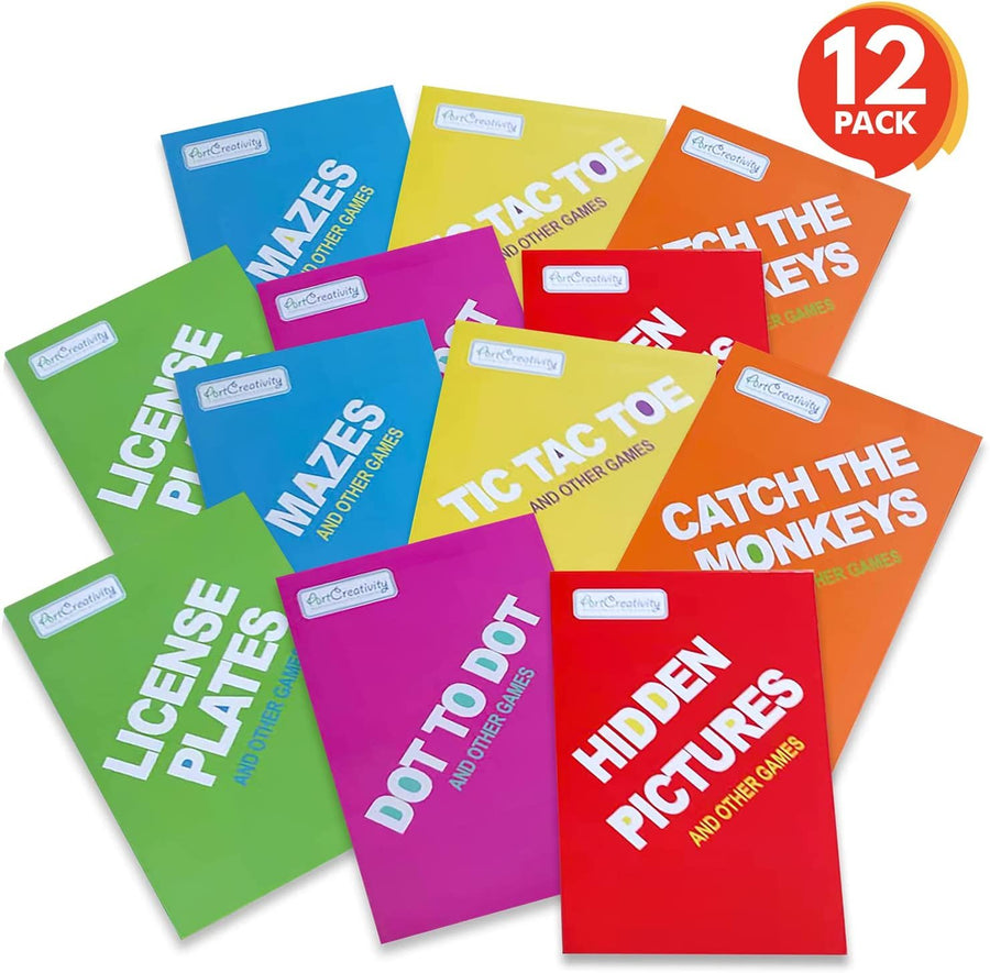 Mini Activity Books for Kids - Set of 12-30 Paged Assorted Workbook Pads - Fun Road Trip Travel Games and Activities - Educational Party Favors and Stocking Stuffers for Boys and Girls