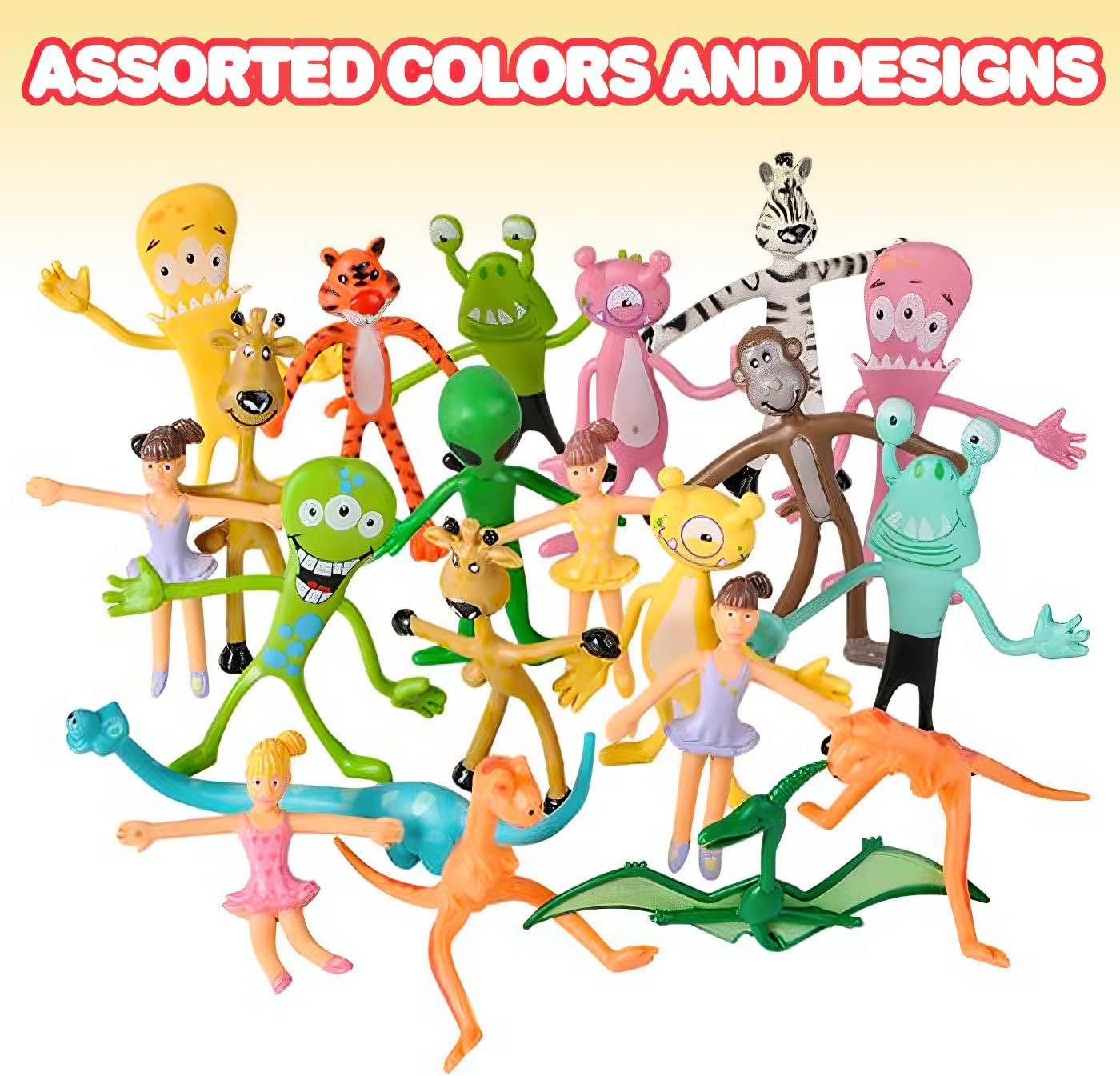 Mega Set of Bendable Toys Assortment - 100 Pieces – 3 and 4" Bendy Animals - Includes Aliens, Tigers, Zebras, Pirates Etc. - Great Party Favor and Prize - for Kids Ages 5+