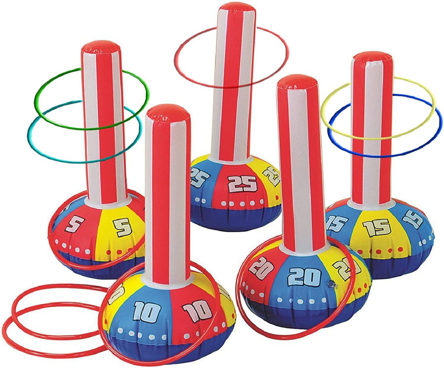 Inflatable Ring Toss Game by Gamie - Super Fun Outdoor Games for Kids & Adults - 5 15" Tall Inflate Bases, 5 Flexible Rings and 5 Sturdy Rings - Best Birthday Party Activity Boys and Girls