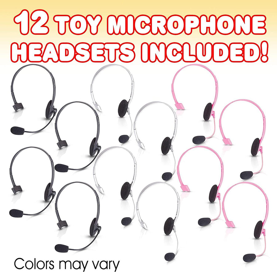 Toy Microphone Headsets for Kids, Pack of 12, Toy Mic Headphone Set for Pretend Play and Dress-Up, Fit Most Sizes, Fun Birthday Party Favors, Costume Props Only
