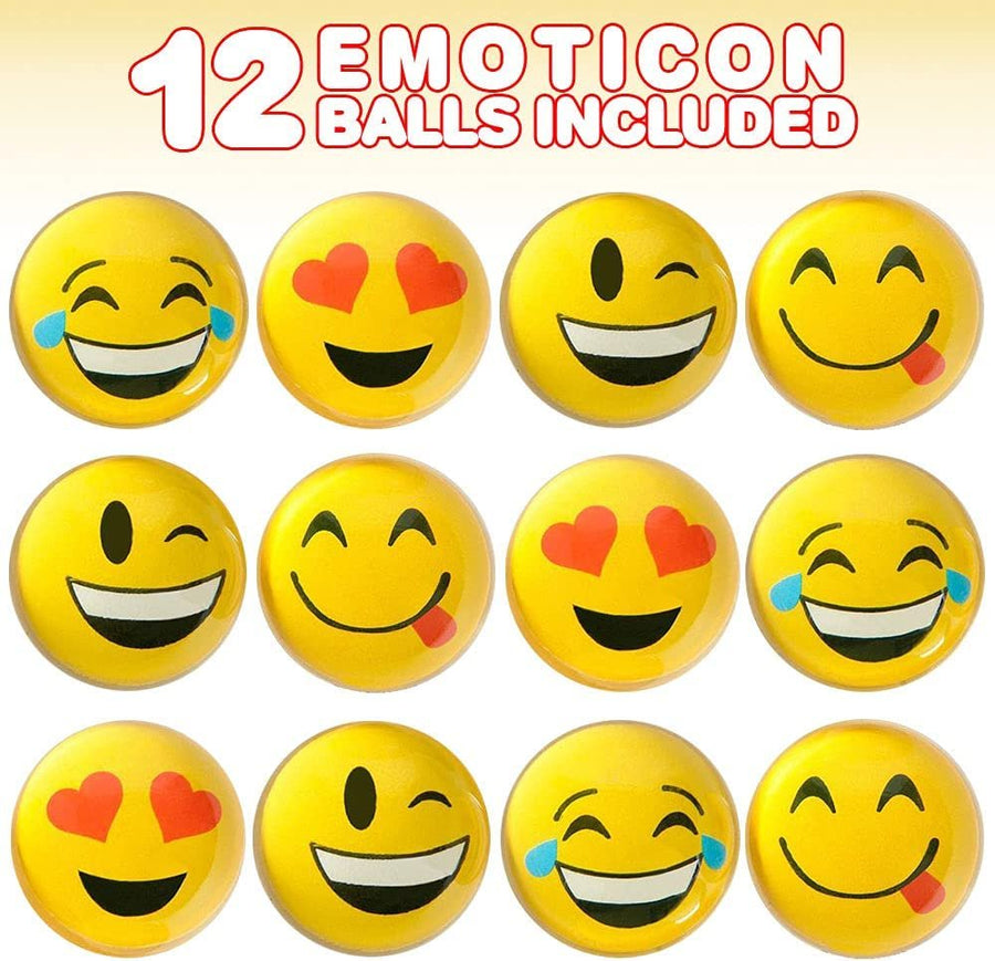 Emoticon Bouncy Balls for Kids, Set of 12, Bouncing Balls in Assorted Emoticon Designs, Extra-High Bounce, Emoticon Birthday Party Favors, Piñata and Goodie Bag Fillers
