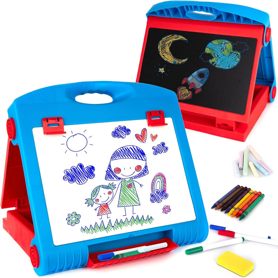 Easel Board for Kids, Tabletop Art Easel for Toddlers with Dry Erase Board, Whiteboard, and Chalk Board Easel, Kids Easel Set Includes Chalk, Crayons, and Markers, Kids Art Supplies Ages 6-8