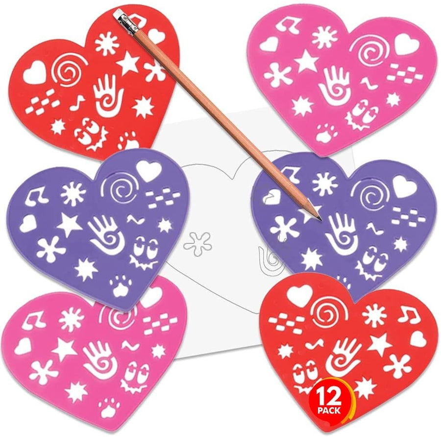 Valentines Day Heart Stencil Set for Kids, Colorful Drawing Template Kit, Set of 12