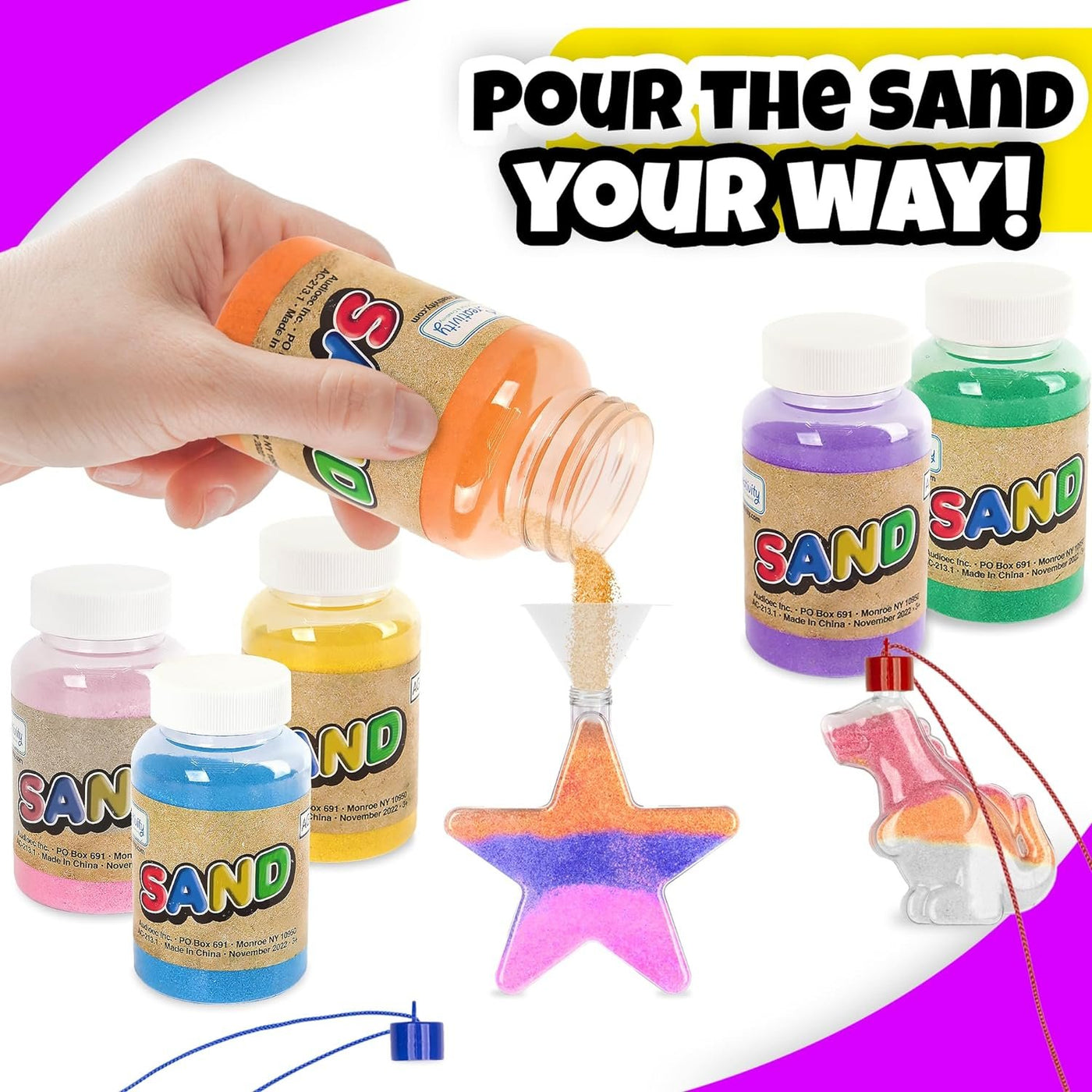 Colored Sand Art Kits for Kids 40-Pack, Play Sand Set, 10 Assorted Colors, 8 oz. Each, 24 Sand Art Bottle Necklaces, and 6 Funnels Bulk Sand Art Project, Kids Party Crafts for Boys Girls