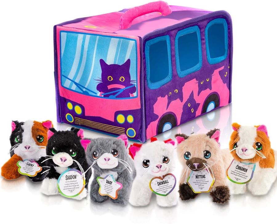 Kitten Stuffed Animals, 6 Stuffed Cat Plush with Carrier Bus House Playset, Kitty Toys Birthday Gifts for Girls and Boys, Stuffed Animals in Bulk for Classroom Party, Travel Road Trip