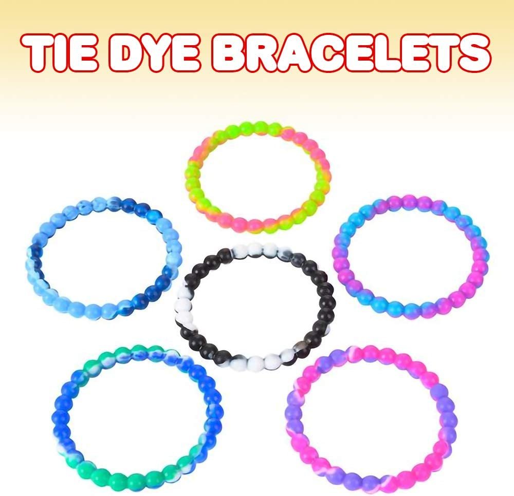 Tie Dye Bead Bracelets - Pack of 12 Stretch Novelty Wristbands in Assorted Colors - Fun Party Favor, Carnival Prize, Goodie Bag Fillers, Bracelets for Kids and Adults