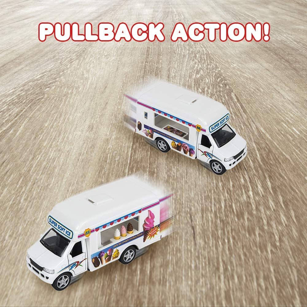 Diecast Ice Cream Trucks with Pullback Mechanism, Set of 2, Die Cast Vehicles with Realistic Detail, Cool Pretend Play Toy Cars for Kids, Best Birthday Gift, Party Favor for Boys & Girls