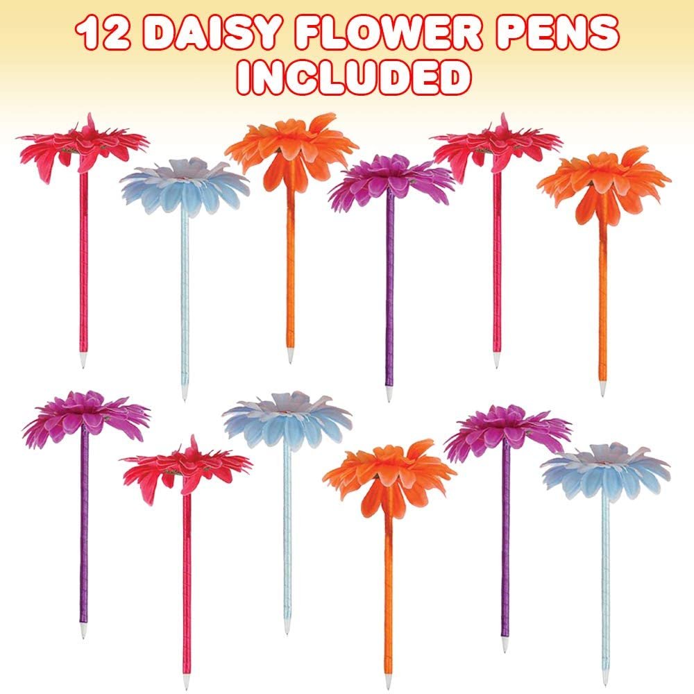 Daisy Flower Pens, Set of 12, Fun Writing Pens for Kids and Adults with Black Ink, Cool Back to School Stationery Supplies, Birthday Party Favors, Goody Bag Fillers, and Office Gifts