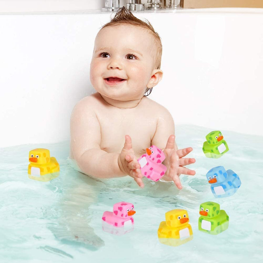 2.25" Pixelated Rubber Duckies, Pack of 12, Cute Duck Bath Tub Pool Toys in Assorted Colors, Fun Decorations, Carnival Supplies, Party Favor or Small Prize