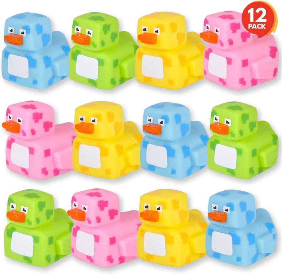 2.25" Pixelated Rubber Duckies, Pack of 12, Cute Duck Bath Tub Pool Toys in Assorted Colors, Fun Decorations, Carnival Supplies, Party Favor or Small Prize
