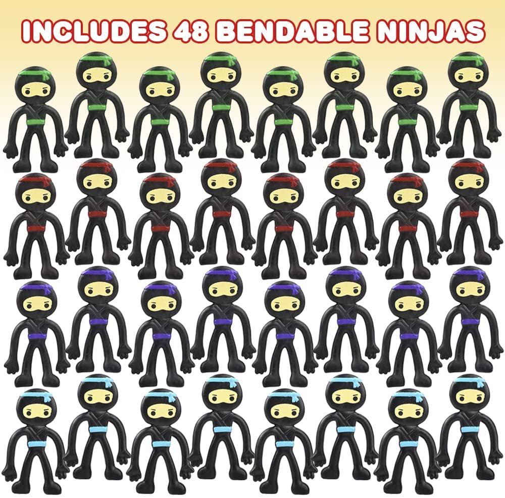 Mini Bendable Ninjas, Set of 48, Ninja Toys for Boys and Girls in 4 Assorted Colors, Great as Ninja Party Favors, Ninja Gifts for Kids, and Stress Relief Toys for Boys and Girls