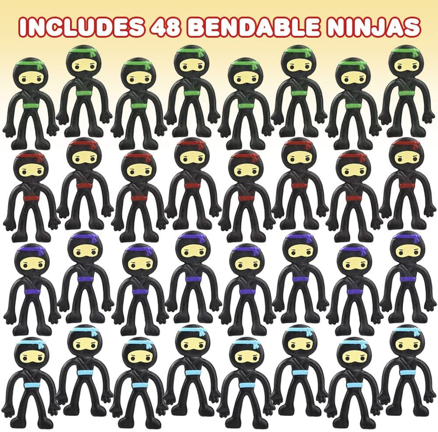 Mini Bendable Ninjas, Set of 48, Ninja Toys for Boys and Girls in 4 Assorted Colors, Great as Ninja Party Favors, Ninja Gifts for Kids, and Stress Relief Toys for Boys and Girls