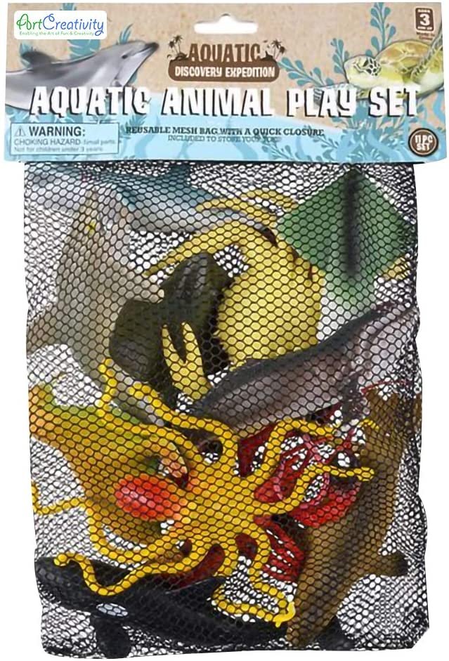 Aquatic Animal Assortment in Mesh Bag, Pack of 11 Sea Creature Figurines in Assorted Designs, Bath Water Toys for Kids, Ocean Life Party Décor, Party Favors for Boys and Girls