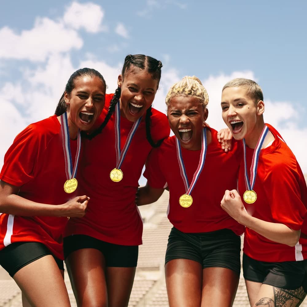Gold Prize Medal for Kids, Set of 12 Medals on Ribbon Necklaces, Olympic Style Metal Winner Awards for Sports, Talent Show, and Spelling Bee, Gymnastic Birthday Party Favors