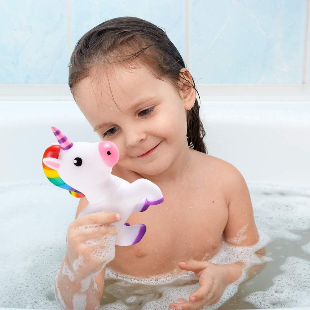 Squeaking Unicorn Bath Tub Toys, Set of 2, 6" Water Floating Squeaky Bathtub Toys for Kids, Toddlers, Safe Rubber, Gift for Boys and Girls, Cute Party Decoration Idea