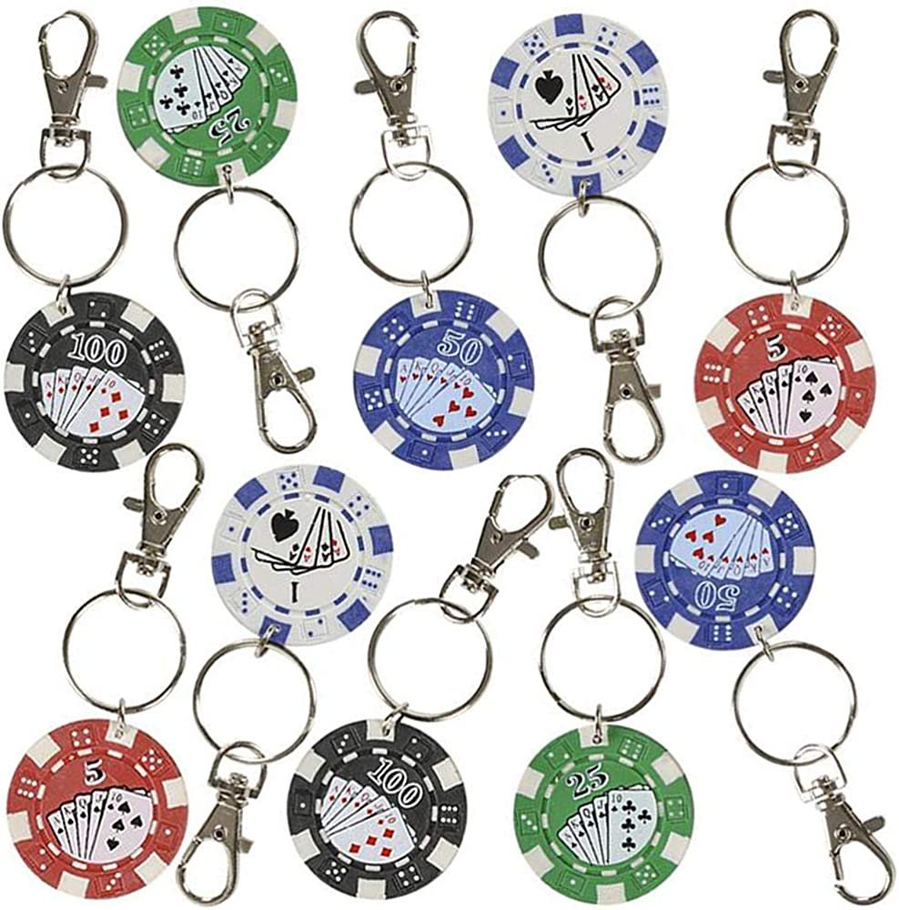 ArtCreativity Poker Chip Keychains for Kids, Pack of 12, Fun Carabiner Clip for Backpack, Purse, Luggage, Themed Party Favors, Cool Goodie Bag Fillers, Small Prize