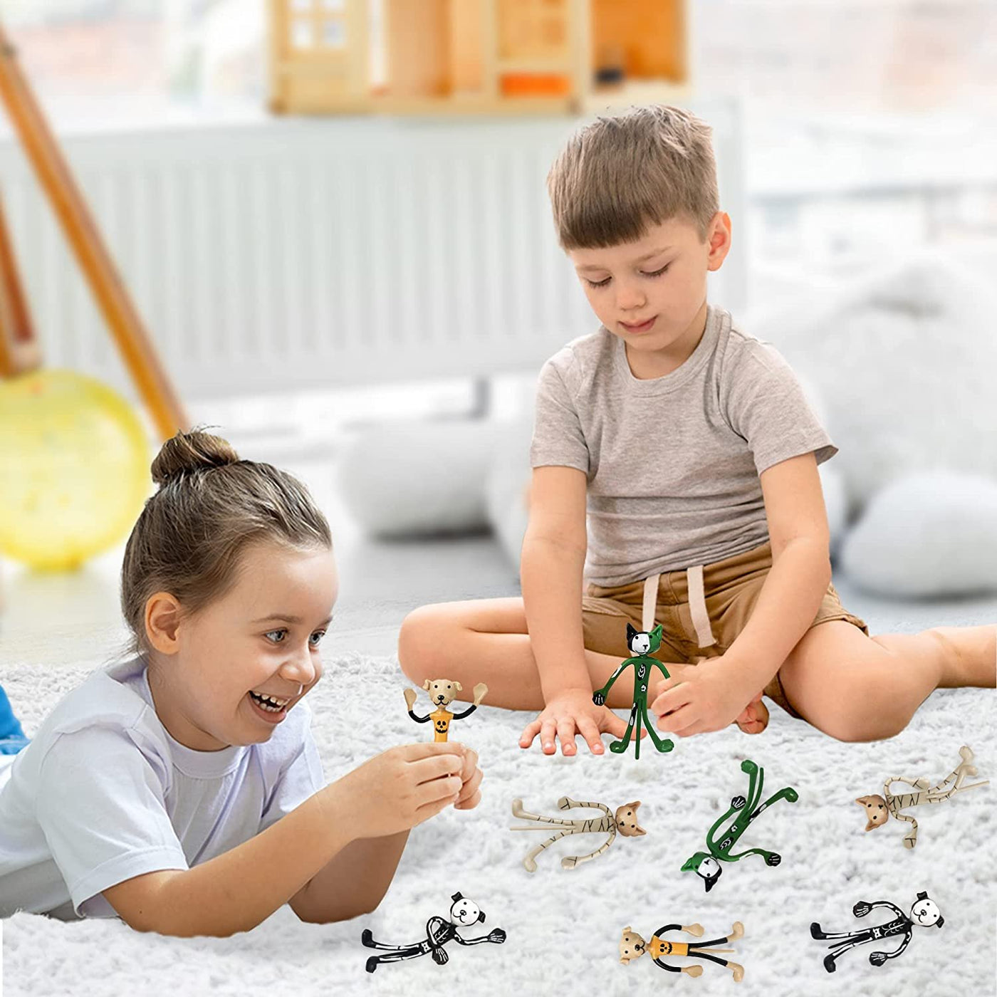 Halloween Bendable Figures, Set of 12, 3D Halloween Themed Dogs and Cats in 4 Different Designs, Stress Relief Toys for Boys and Girls, and Non-Candy Trick or Treat Supplies