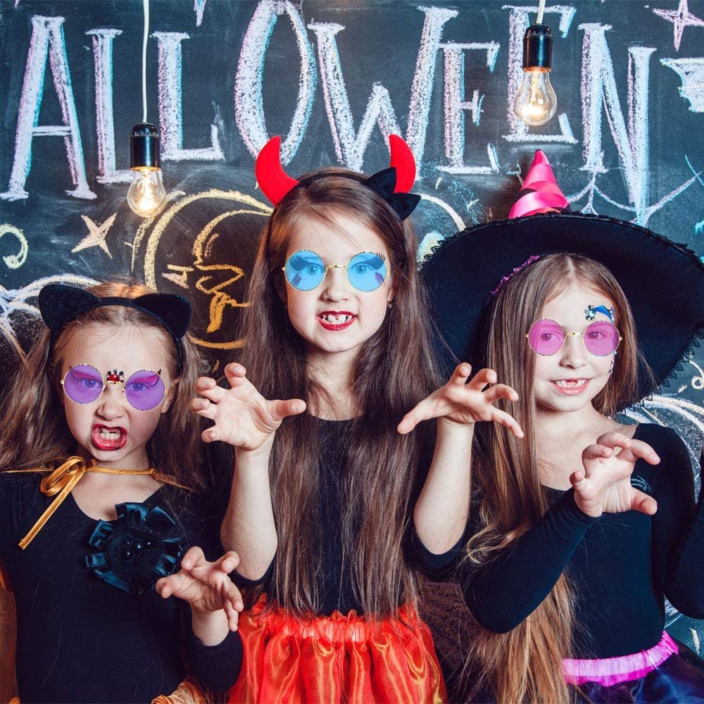 Round Colored Glasses - Pack of 3 - Hippy Style Circle Shades with Gold Frame - Vintage Glasses for 60s Hippie Costume, Disco Party, for Boys and Girls - Blue, Pink, and Purple