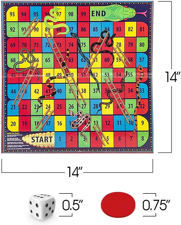 Gamie Snakes and Ladders Board Game for Kids, Complete Set with Board, 6 Pegs, and Dice, Classic Fun for Family Game Night and Classroom, Best Birthday Gift Idea for Boys and Girls