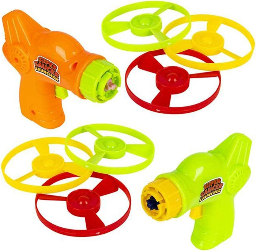 Super Saucer Disc Launcher Toys, Set of 6, Disk Shooter Sets with 1 Flying Saucer Gun and 3 Spinning Disks Each, Super Fun Outdoor Flying Toys for Kids, Great Birthday Party Favors