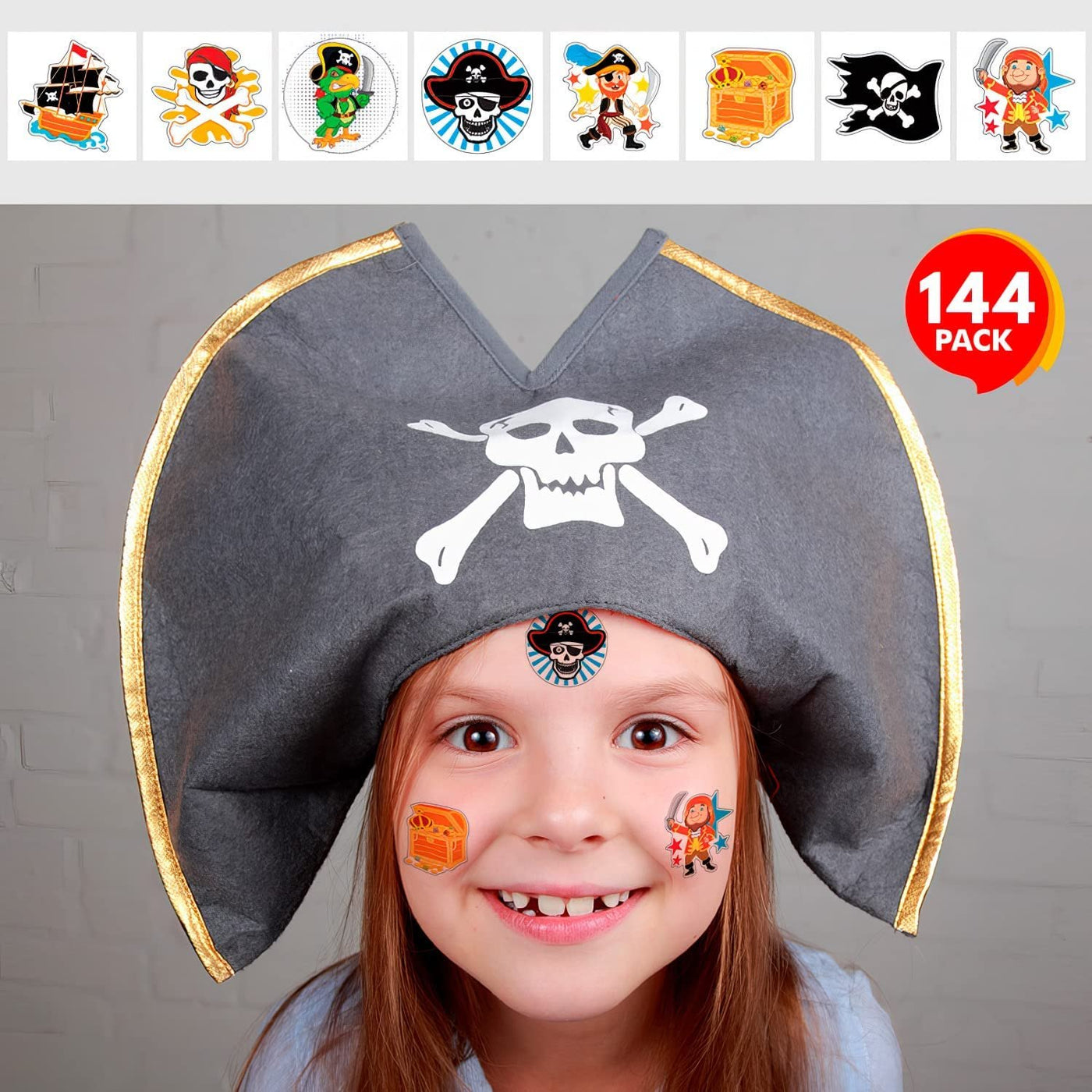 Pirate Temporary Tattoos for Kids - Bulk Pack of 144 in Assorted Designs, Non-Toxic 2" Tats, Birthday Party Favors, Goodie Bag Fillers, Non-Candy Halloween Treats