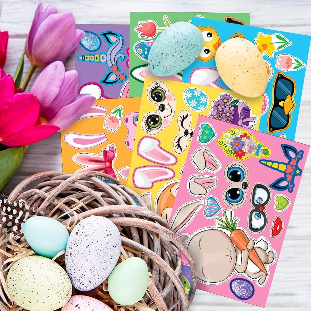 Easter Make Your Own Stickers, Bulk Easter Stickers for Kids, 96 Sticker Sheets with 6 Designs, Easter Basket Stuffers, Easter Egg Stickers and Bunny Stickers, Easter Crafts for Kids