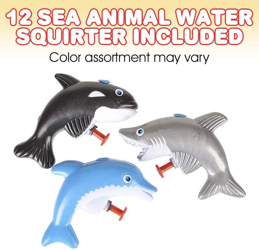 Sea Animal Water Squirters, Pack of 12, Dolphin, Shark, and Whale Water Squirt Toy Guns for Swimming Pool, Beach, and Outdoor Summer Fun, Cool Birthday Party Favors for Boys and Girls