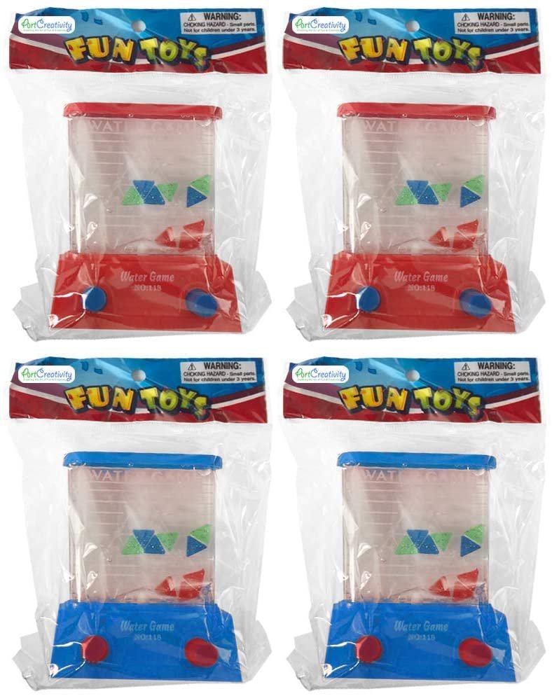 Triangle Water Games, Set of 4, Red and Blue, Handheld Water Game for Kids, Goody Bag Fillers, Birthday Party Favors for Children, Road Trip Travel Toys for Boys and Girls