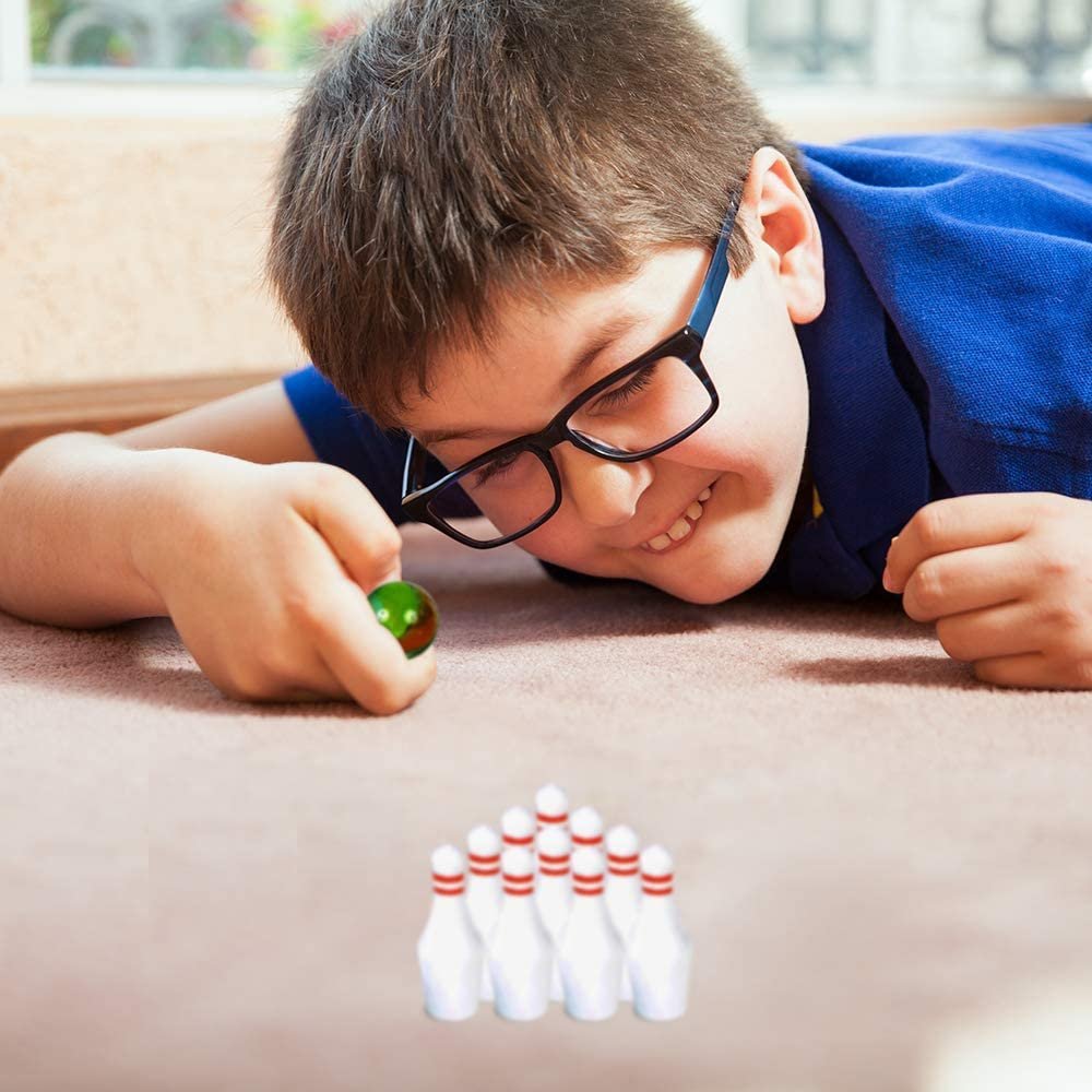 Mini Bowling Game, Set of 12, Each Set Includes 10 Miniature Pins and 1 Marble Bowling Ball, Tabletop Bowling Sets for Kids and Adults, Party Favors, Goodie Bag Fillers, and Small Prizes