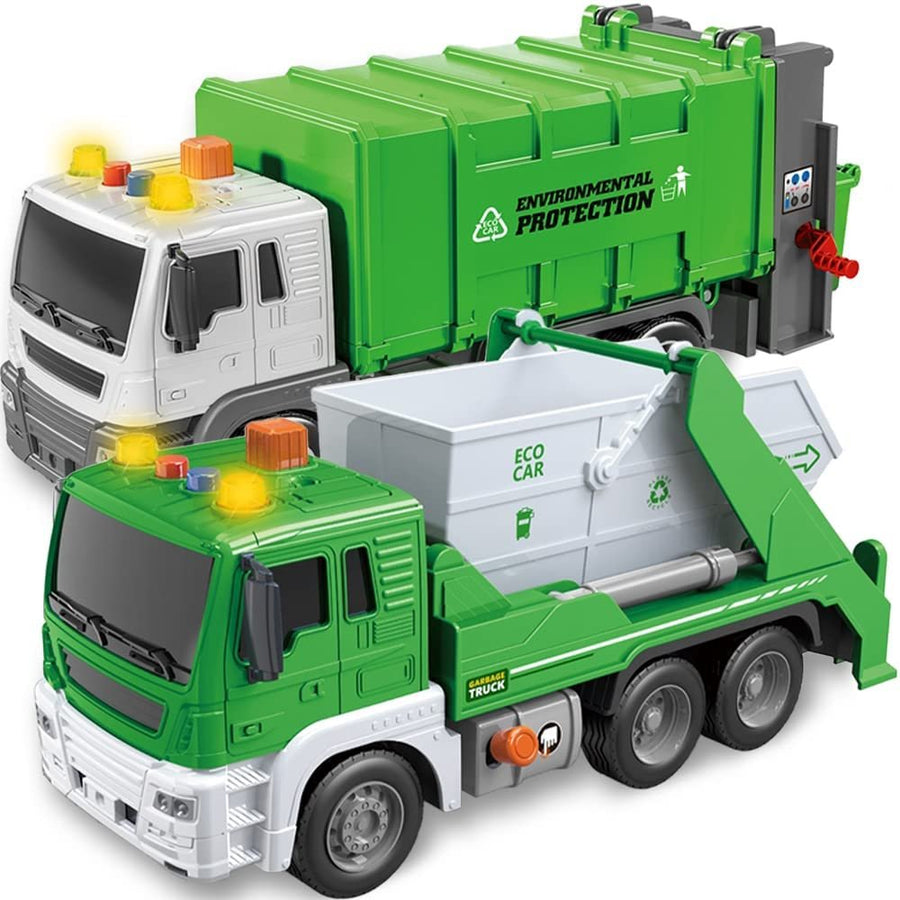 Sanitation Trucks Set, Pack of 2, Light Up Garbage Trucks for Boys and Girls with Movable Parts, Sound, and LEDs, Push and Go Toy Sanitation Truck Set, Car Toys for Kids Ages 3 and Up