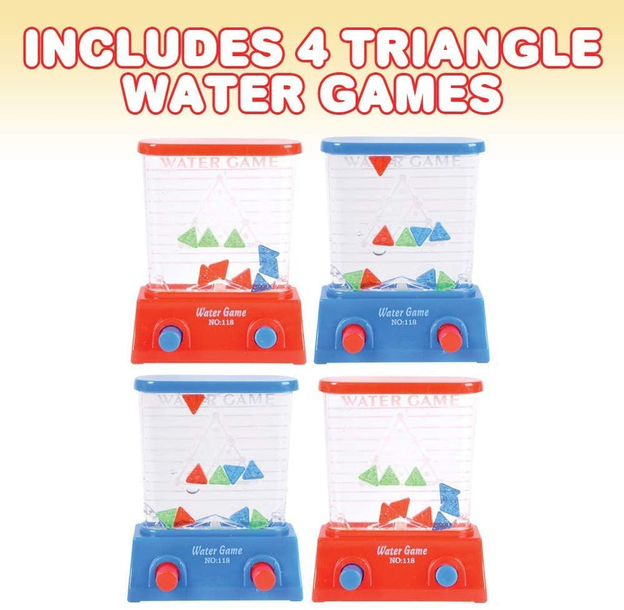 Triangle Water Games, Set of 4, Red and Blue, Handheld Water Game for Kids, Goody Bag Fillers, Birthday Party Favors for Children, Road Trip Travel Toys for Boys and Girls