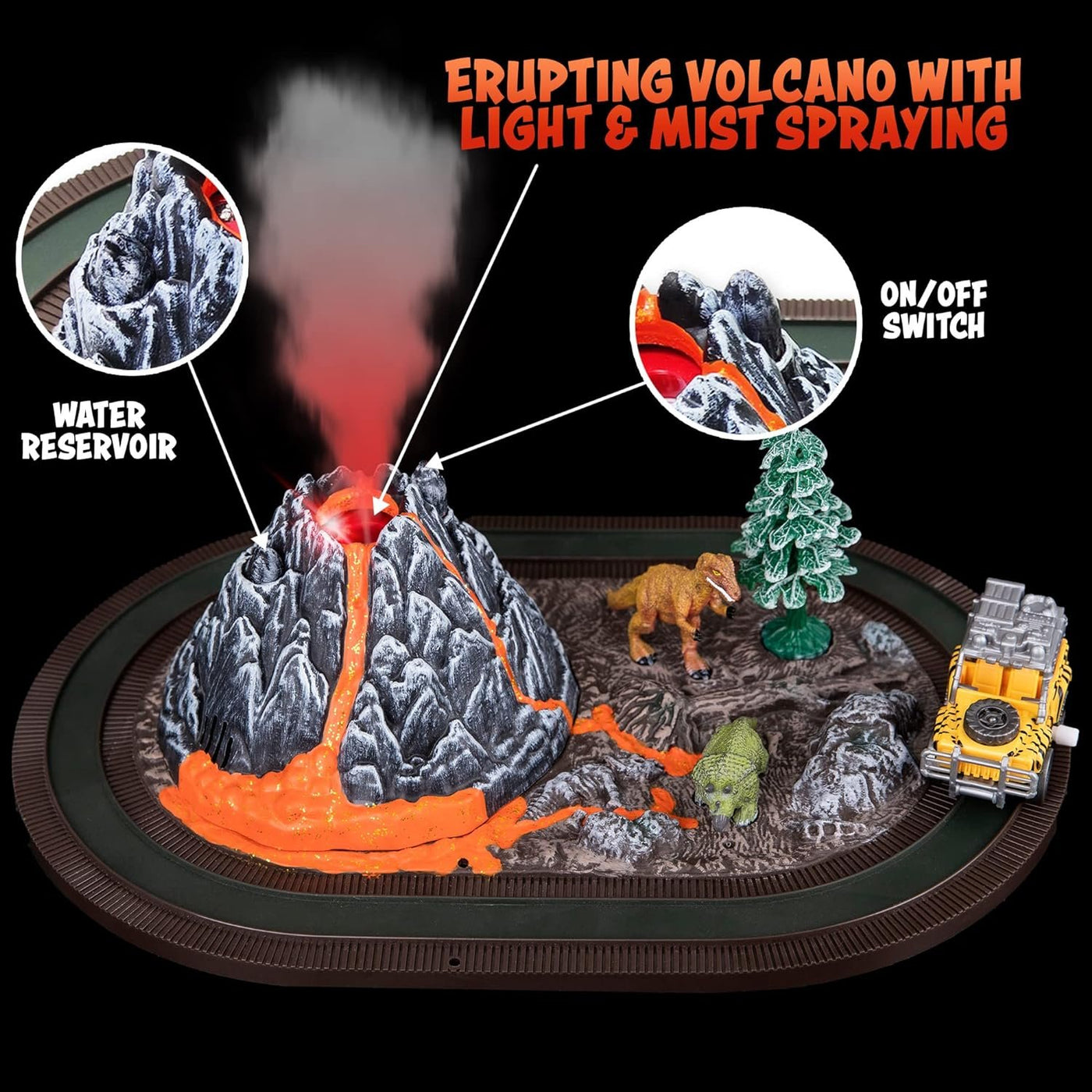 Volcano Dinosaur Playset for Kids, Mist Spouting Volcano Play Set, Dinosaur Toys for Boys, Volcano Science Kit, Volcano Toy Set with Simulated Volcanic Eruptions, Sounds, Wind-up Truck