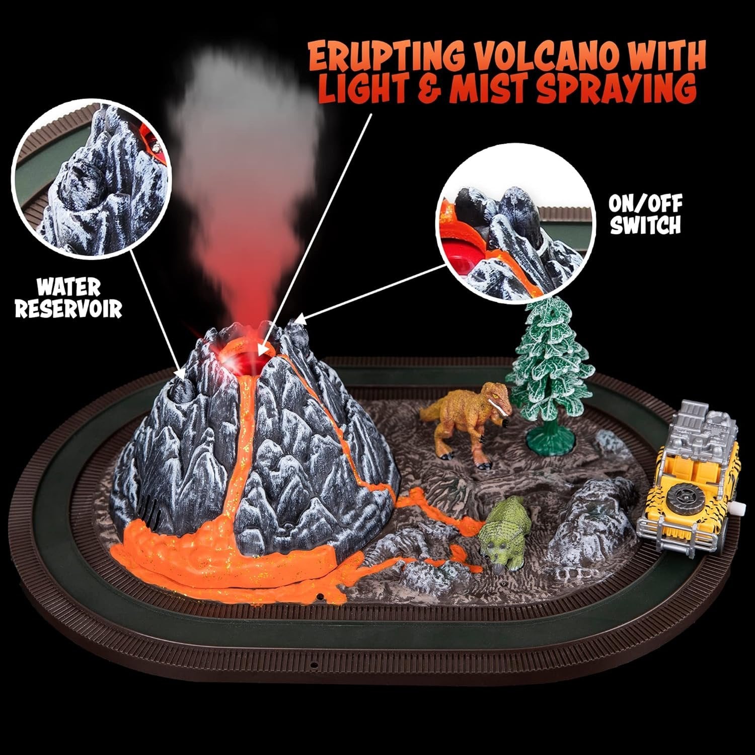 Volcano Dinosaur Playset for Kids, Mist Spouting Volcano Play Set, Dinosaur Toys for Boys, Volcano Science Kit, Volcano Toy Set with Simulated Volcanic Eruptions, Sounds, Wind-up Truck