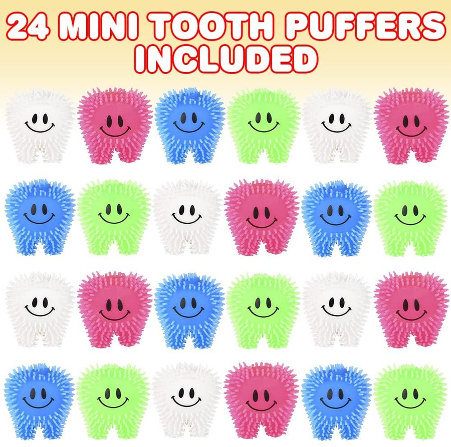 Mini Tooth Puffers, Set of 24, Squeezy Toys for Kids with Soft Spikes, Sensory Fidget Toys for Stress Relief in Assorted Colors, Goodie Bag Stuffers, and Dentist Office Giveaways