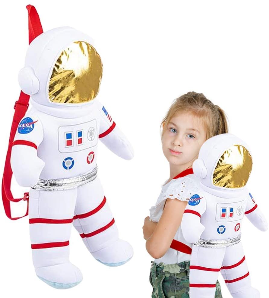 Plush Astronaut Backpack for Kids, Space Themed Bag with Adjustable Straps and Zipper, Cool Astronaut Costume Accessories for Boys and Girls, Great
