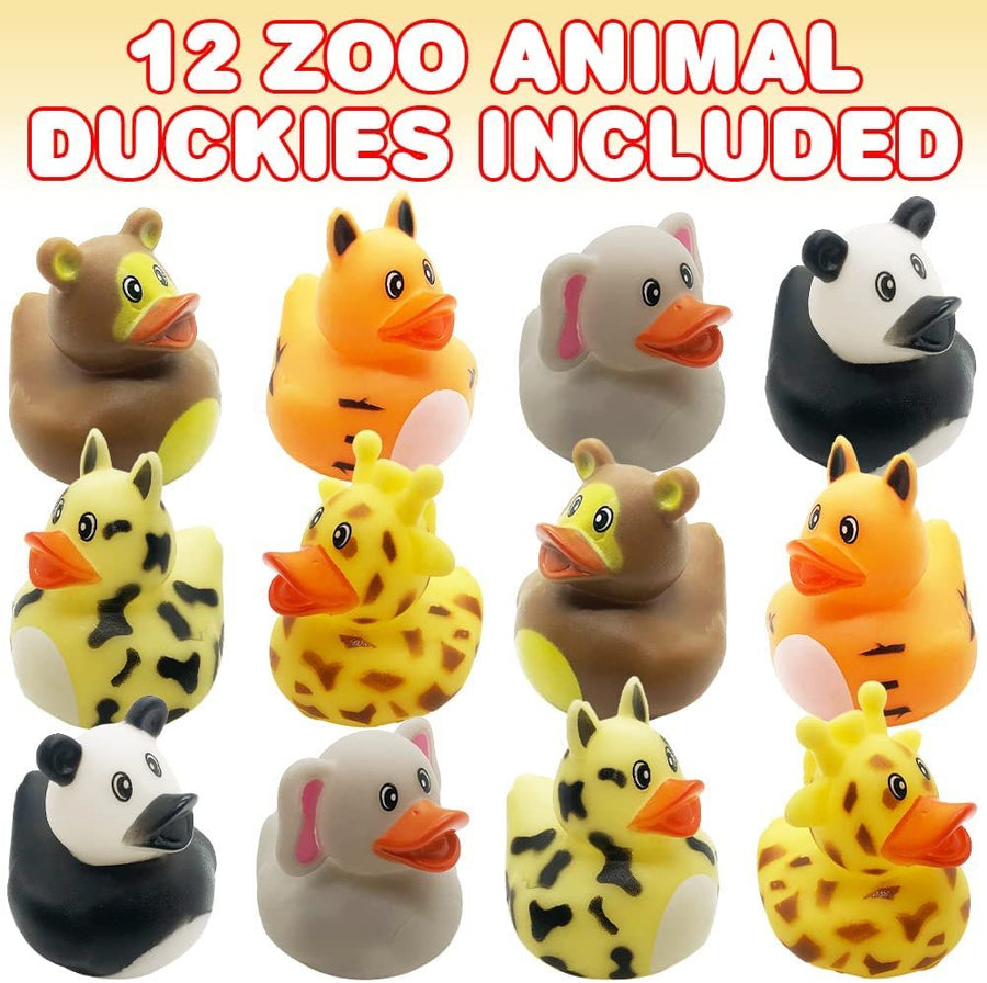 Zoo Animal Rubber Duckies for Kids, Pack of 12, Zoo Themed Duck Bathtub Pool Toys, Fun Carnival and Safari Party Supplies, Birthday Party Favors for Boys and Girls