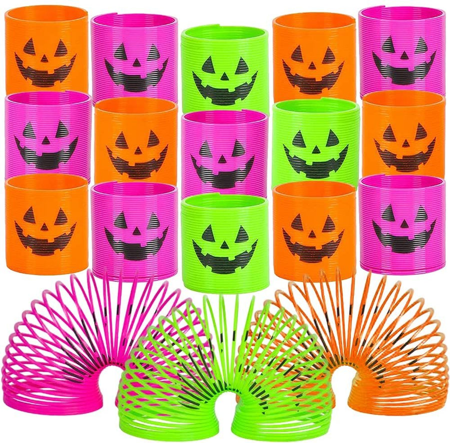 Jack-O-Lantern Coil Springs, Set of 48, Plastic Pumpkin Coil Springs in Assorted Colors, Non-Candy Halloween Treats, Fun Party Favors, Goodie Bag Fillers for Kids