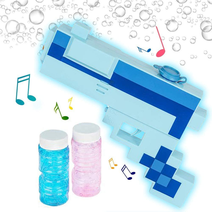 Pixel Bubble Blaster Toy Gun with Light and Sound Effects, 2 Bottles of Bubble Solution and Batteries Included, Cute Light Up Pixel Bubble Blower for Boys and Girls, Best Gift Idea