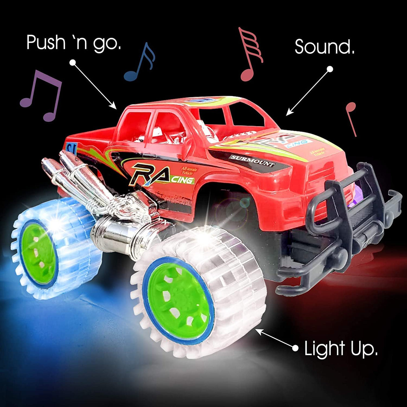 Light-Up Red Monster Truck with Sounds, 9" Monster Truck with Flashing Wheels and Friction Motor, Push n Go Toy Car, Best Birthday Gift for Boys and Girls Ages 3+