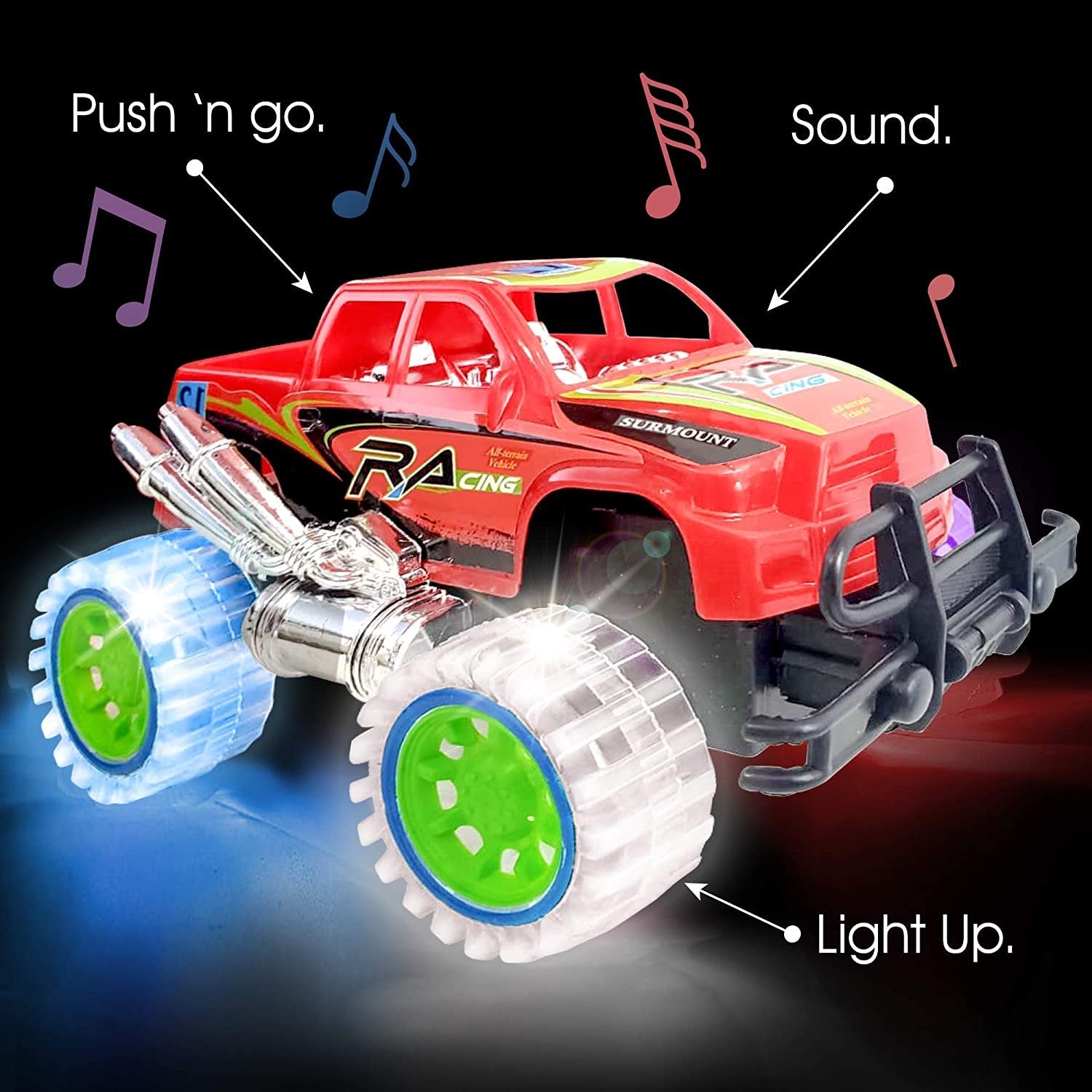 Light-Up Red Monster Truck with Sounds, 9" Monster Truck with Flashing Wheels and Friction Motor, Push n Go Toy Car, Best Birthday Gift for Boys and Girls Ages 3+