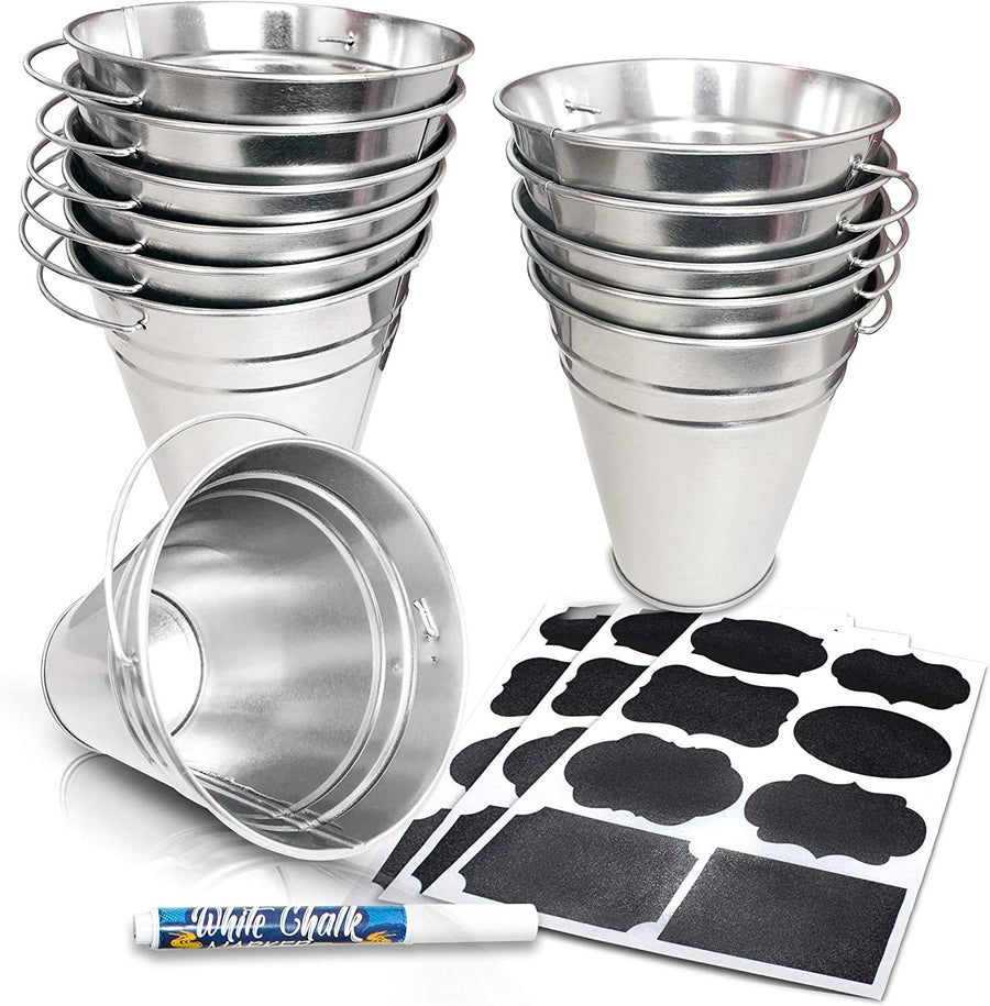 Large Galvanized Metal Buckets Set, Includes 12 Rustic Pails with Handles, 24 Chalkboard Labels and 1 Liquid Chalk Marker, 5" Galvanized Buckets for Party Favors, Wedding Decorations